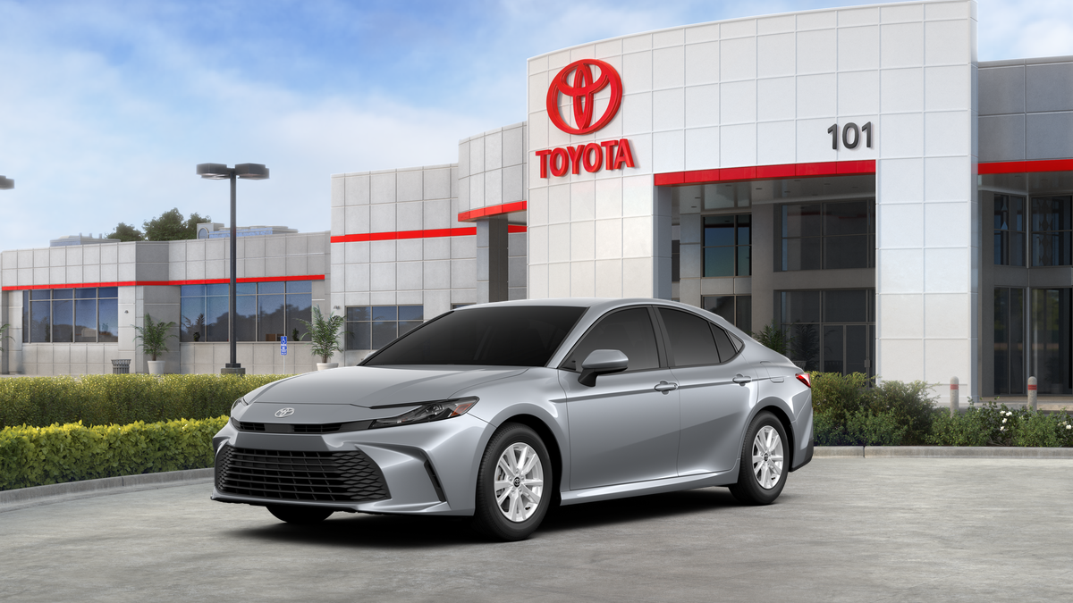 2026 Toyota Camry LE in Celestial Silver Metallic — front three-quarter view